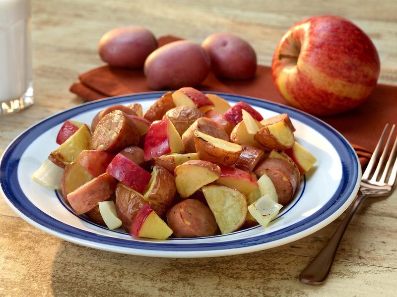 One-Dish Roasted Potatoes and Apples with Chicken Sausage